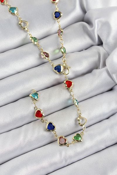 STİLLOVE Brass Gold Color Mixed Color Zircon Stone Heart Y Women Necklace Sl12285