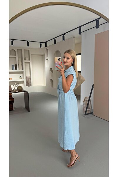 Sezgi Tekin Boydan Düğmeli Bağlama Detay Bebek Mavi Gömlek Elbise