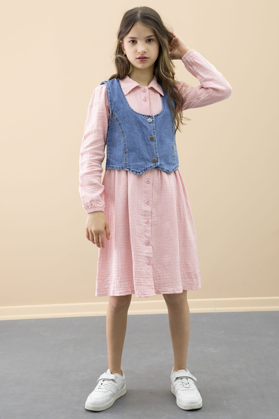Cansın Mini Pink Jean Vest Long Sleeve Girl's 2-Piece Muslin Dress 20667