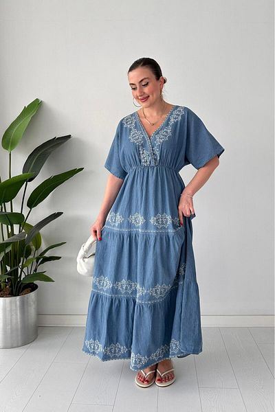 MaziButik Κεντημένο τζιν φόρεμα μπλε
