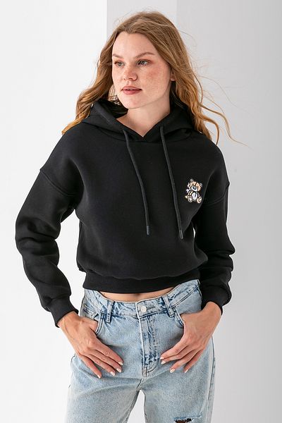 GİYSA Women's Hooded Teddy Bear Embroidered 3-Thread Crop Sweatshirt Black - 2668