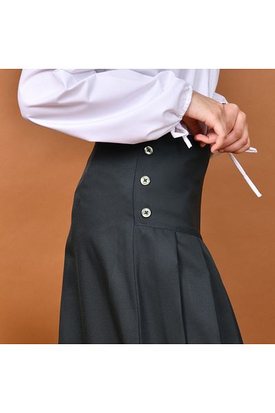 HAWRAA Modern design school skirt with pleats and a slanted waistline decorated with buttons on the sides (olive)