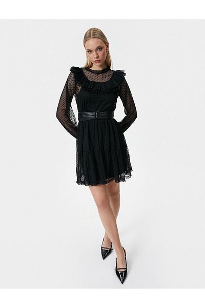 Koton Belted Crew Neck Mini Lacy Dress