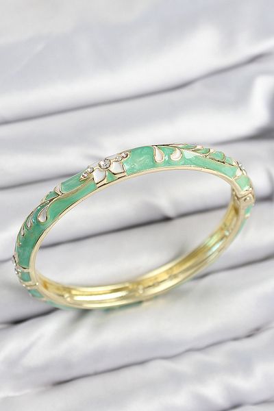 STİLLOVE Mineli Brass Zircon Stone Green Flower Motif Gold Women's Handcuffs