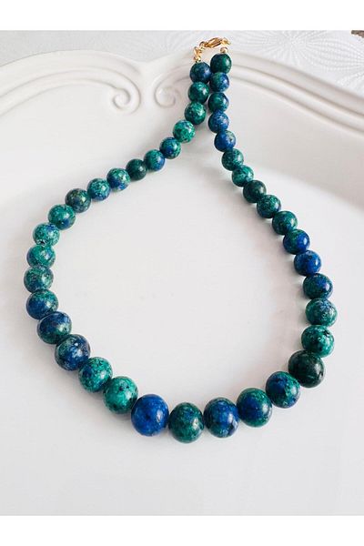 DEVİ fashion Navy Blue Mix 10 mm Natural Stone Necklace 42 cm