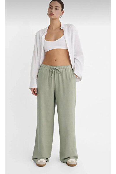 QUUL'Y New^^^Women's New Season Linen Mixed Waist Rubber Detail Lace up Palazzo Pants (Efil Efil)