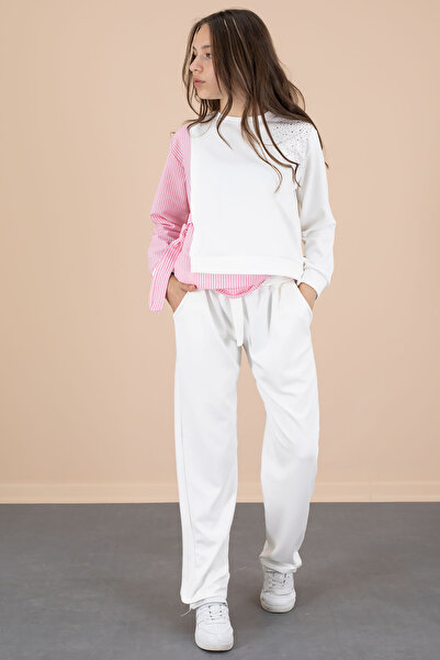 Cansın Mini Pink Line Patterned Stone Detailed Blouse and Girl's Belted Trousers 2 Piece Set 20656