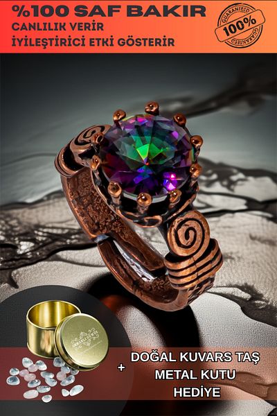 OSMANLI GÜMÜŞ Women's Copper Ring - Mystic Topaz Model 2 Tree Bark Model Thin Metal Box Bracelet with Quartz Stone
