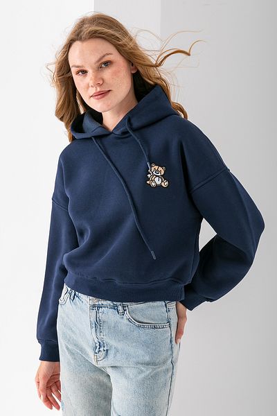 GİYSA Women's Hooded Teddy Bear Embroidered 3-Thread Crop Sweatshirt Navy Blue - 2668