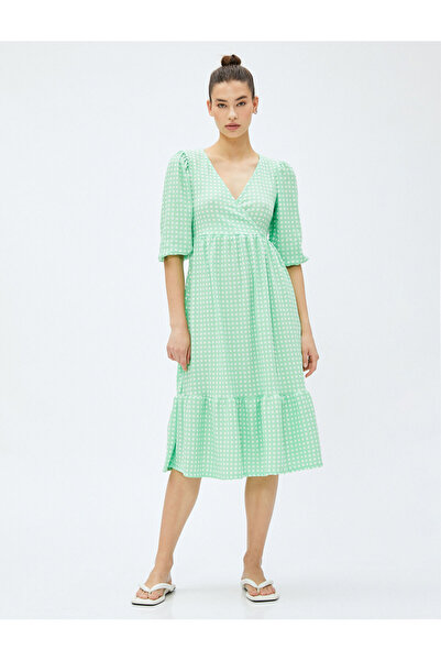 Koton V Neck Puff Sleeve Ruffle Wrap Over Midi Dress