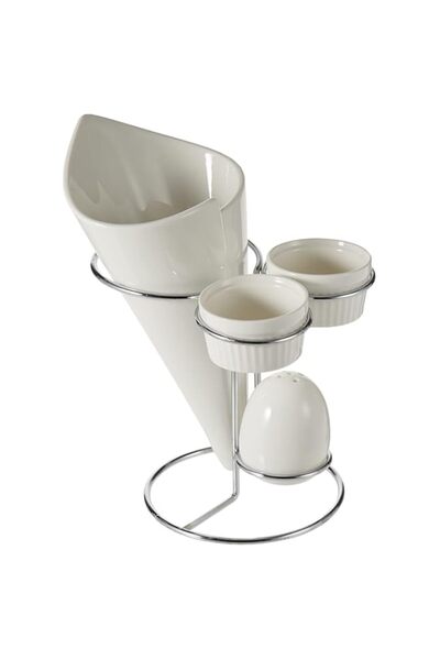 Generic حامل بطاطس مقلية سيمفوني مع صحن وملح - قطعتين، أبيض