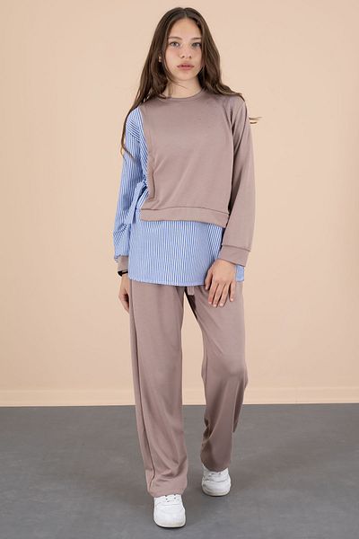 Cansın Mini Blue Line Patterned Stone Detailed Blouse Girl's Belted Pants 2 Piece Set 20661