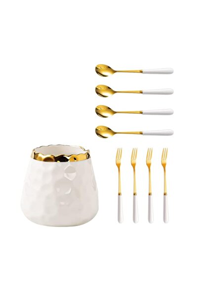 Generic طقم أدوات مائدة قهوة من إف في ستار، مصنوع من زجاج سيراميك أبيض مع 4 ش...