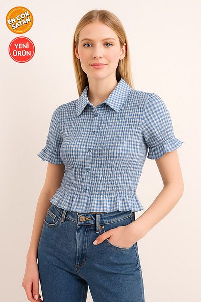 Kübra Tekstil Women's Plaid Pattern Short Sleeve Ruffle Crop Shirt Blouse