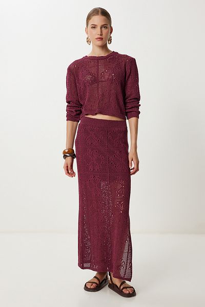 Lovelyİstanbul Openwork Summer Knitwear Skirt Set Lyy0124 Bordo