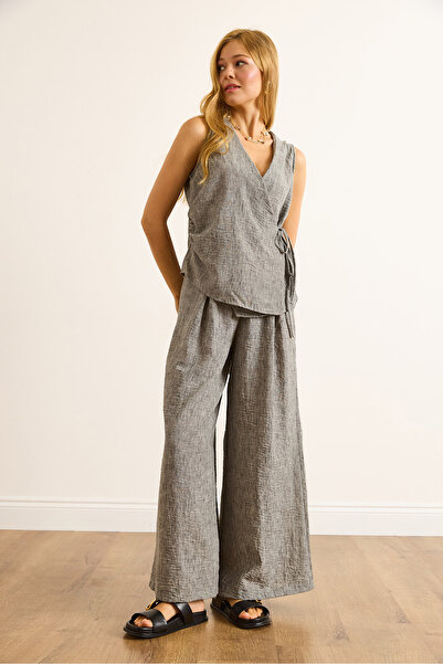 Olalook Women's Gray Wrap Blouse Pleated Trousers Suit Tkm-19000423
