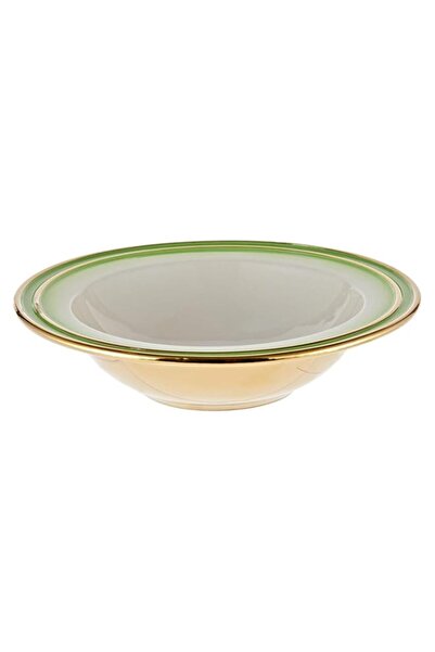 Generic Harmony Ceramic Two Line Round Soup Bowl - 9.5 Inches, Green and Gold
