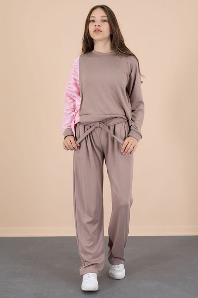 Cansın Mini Coffee Stripe Patterned Stone Detailed Blouse Girl's Belted Pants 2 Piece Set 20660