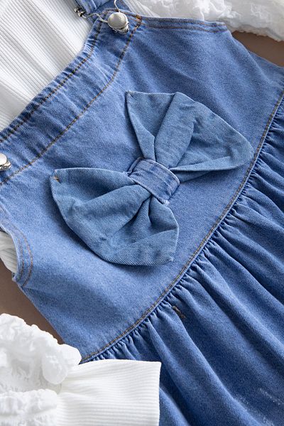Cansın Mini Blue Bowknot Salopet and Sleeve Detailed Badili Girl's 2-Piece Set 20510