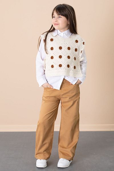Cansın Mini Brown Polka Dot Sweater and Trousers Girl's Shirt 3 Piece Set 20684
