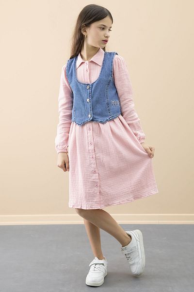 Cansın Mini Pink Jean Vest Long Sleeve Girl's 2-Piece Muslin Dress 20667