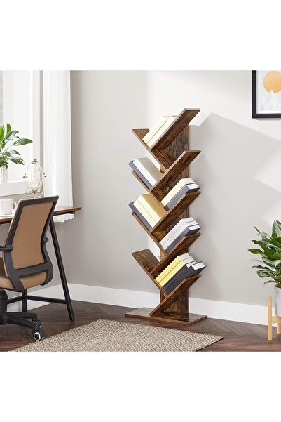 VASAGLE 8-Tier Floor Bookcase with V-Shaped Wooden Shelves, 25x141x50cm, Rustic Brown