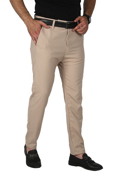 DeepSEA Men's Beige Italian Cut Lycra Sports Trousers Flexible Fabric Ankle Length Pipe Leg Classic Trousers 250200
