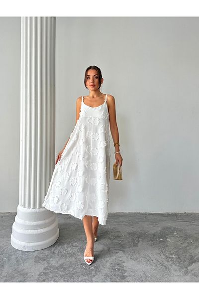 BE CHİC Women's V-Necklace Strap Tassel Detailed Linen Look Loose Casual Casual Dress Sg4711