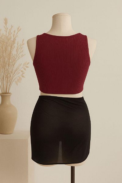 ALFA AKSESUAR 03 Women's Burgundy Round Neck Crop and Black Pareo Set of 2