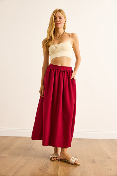 Olalook Women's Red Pocketed Flowy Long Ayrobin Skirt Etk-19000345