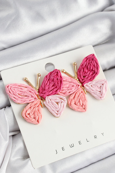 STİLLOVE Brass Pink Butterfly Model Gold Color Women's Straw Earrings