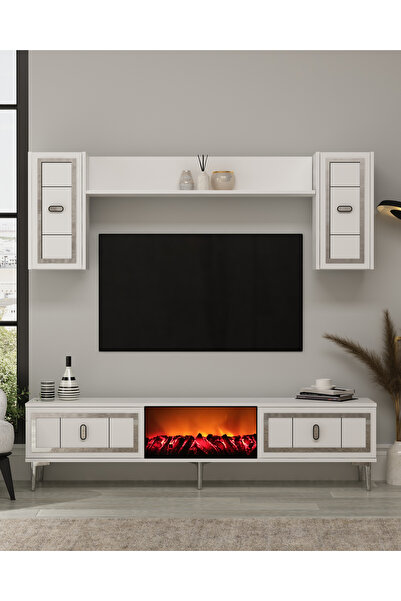 DEMONTE DECOR ORİONDD ŞÖMİNELİ (A) TV ÜNİTESİ TAKIMI BEYAZ-GÜMÜŞ