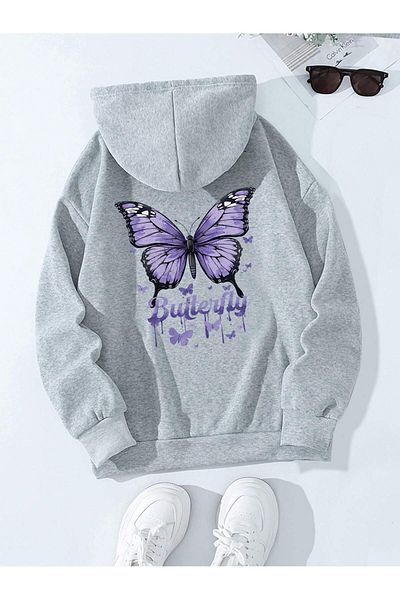 aynewmoda Butterfly and letter Printed women's fleece Hooded top