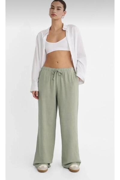 Pubi Noava //Women's Waist Rubber Detail Lace up Palazzo Pants (Linen-Cotton)