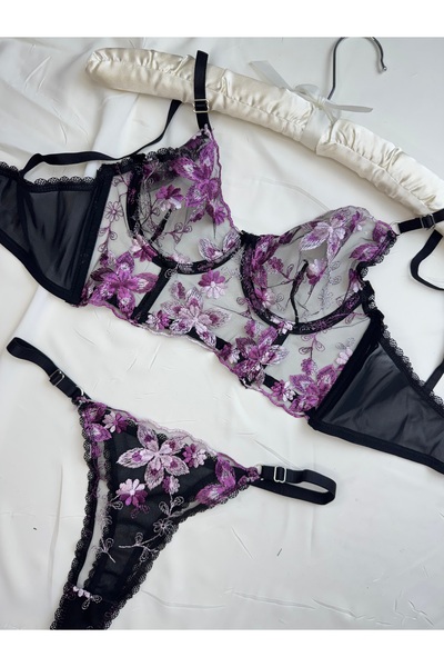 ROZENİN LINGERIE Çiçek Desenli Korseli Kapsz Büstiyer Sütyen Takımı