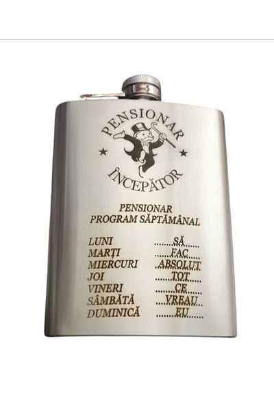 magazinu de gravura Sticla inox de buzunar personalizata Pensionar