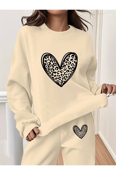 FUFLUNS Leopard Pattern Heart Printed Unisex Oversize Circle Neck Bottom/Upper Tracksuit Set