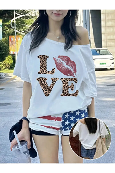 Tarzsokak Beyaz Kadın Düşük Omuz Kayık Yaka Baskılı