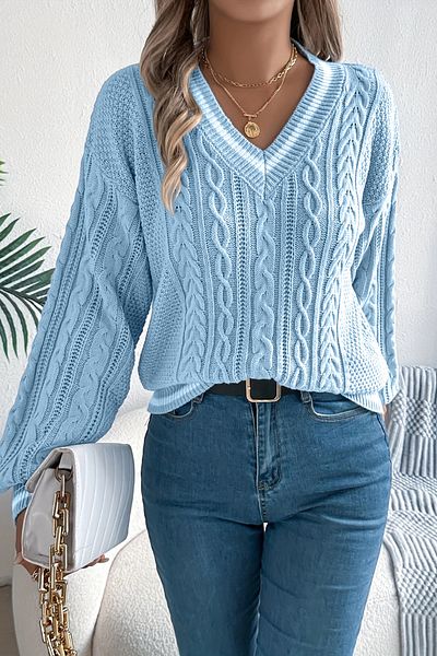 AQE FASHION Pulover de damă cu dungi cu decolteu în V din tricot cu modele Albastru bebeluș