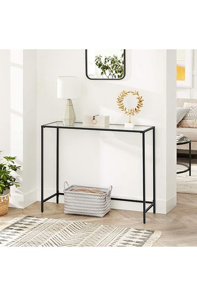 VASAGLE Masa de intrare, blat din sticla securizata, cadru din metal, 100x35x80cm, negru