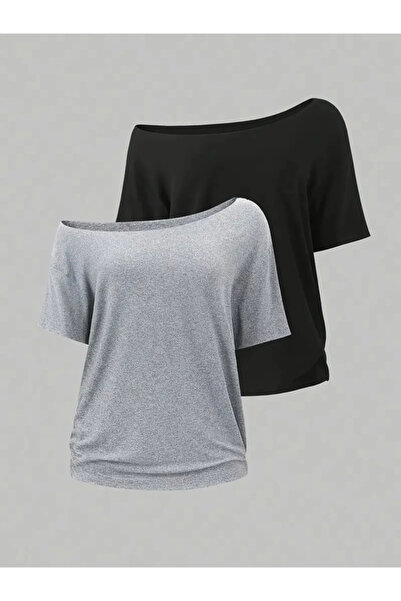 Tarzsokak Gri Kadın Düşük Omuz Kayık Yaka Baskılı 2'Li T-Shirt