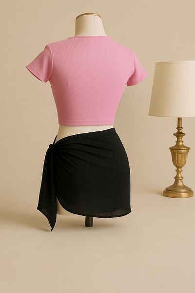ALFA AKSESUAR 03 Women's Pink Half Sleeve Crop and Black Pareo Set of 2