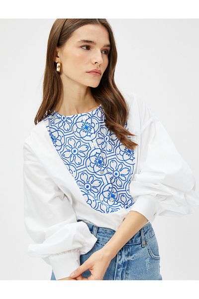 Koton Cotton Crew Neck Ethnic Detail Shirt