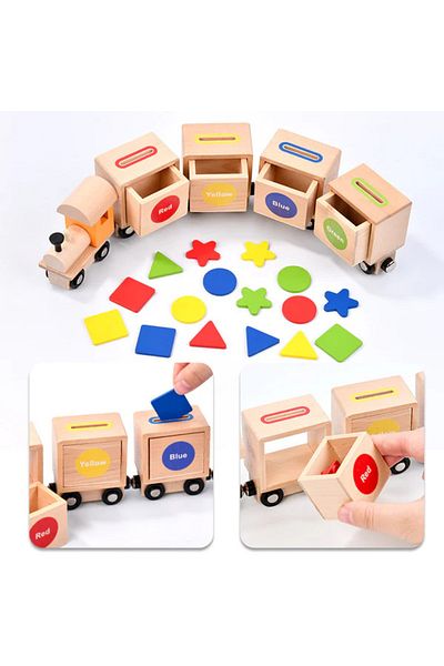Toy Montessori Wooden Train with Magnets – Shape Sorting and Color Matching Educational for Kids
