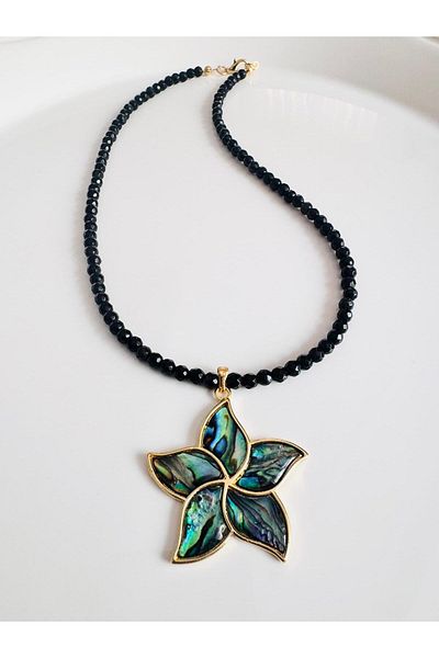 DEVİ fashion Flower Black Natural Stone Necklace 45 cm