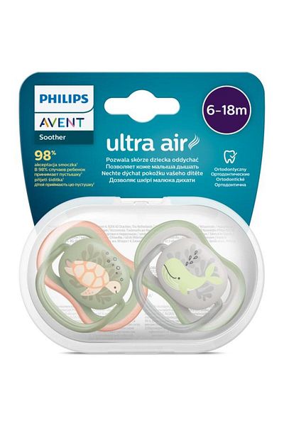 Philips Avent Set 2 suzete Philips-Avent SCF085/60, ultra air pacifier 6-18 luni, Ortodontice, fara BPA, Broscuta/