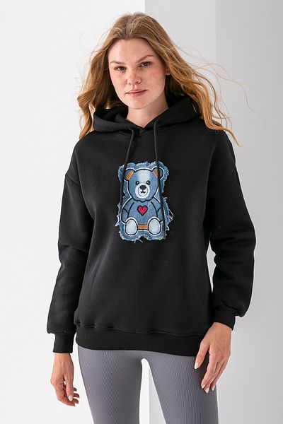 GİYSA Women's Hooded Jeans Teddy Bear Embroidered 3-Thread Sweatshirt Black - 2621