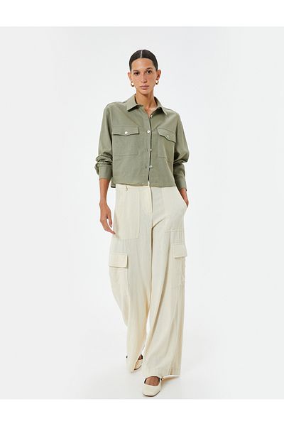 Koton Khaki Women's Linen Mix Crop Shirt