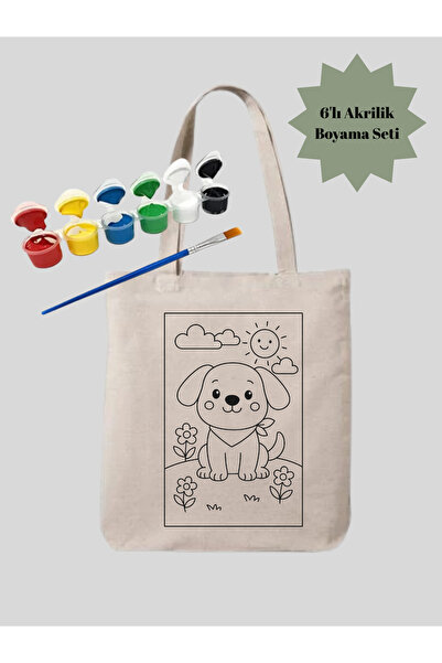 Cemira Boyama Seti Köpekli Boyama Çantası Hobi 35*40 Cm Ham Bez Çanta Boyama Anaokulu Çocuk Etkinlik Boyama