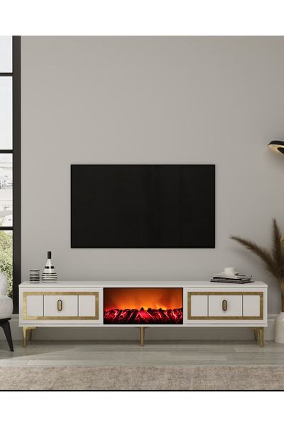 DEMONTE DECOR ORİONDD ŞÖMİNELİ (A) TV SEHPASI BEYAZ-ALTIN